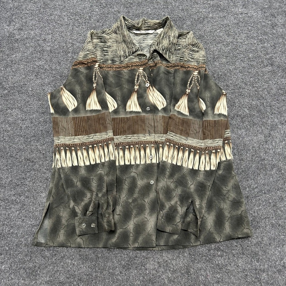 TanJay Blouse Womens Size 14 Green Brown Tassel Print Long Sleeve Button Up Top